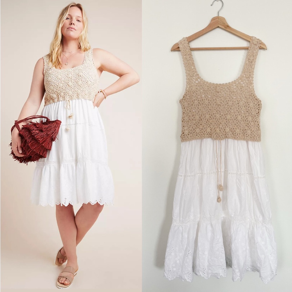 Anthropologie ||‎ Beckett Crochet Eyelet Dress Tan White Large